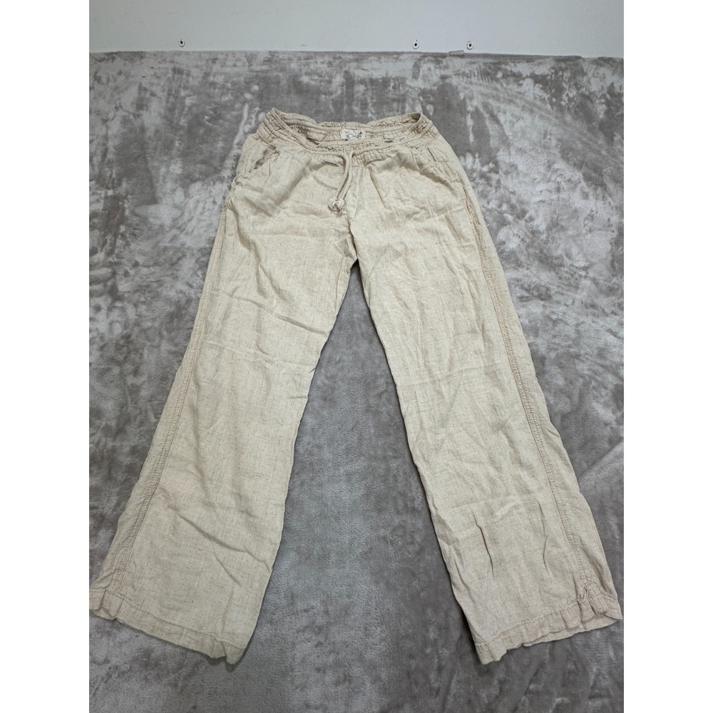 Angel Kiss Womens M Linen Blend Pants Beige Drawstring Wide Leg Beach Resort Cas